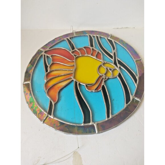 Vintage Hand Made Stained Glass Window Hanging 10" Diameter Angelfish - Picture 2 of 13